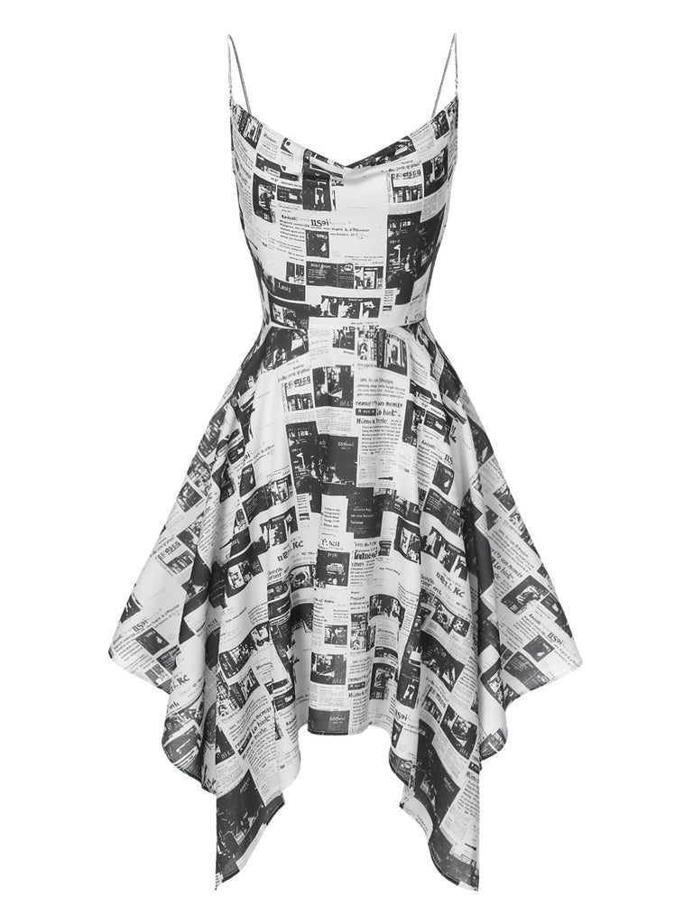 Gray 1970s Spaghetti Straps Cowl Neck Newspaper Dress | Retro Stage