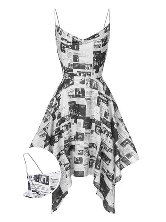 She slips into this Gray 1970s Spaghetti Straps Cowl Neck Newspaper Dress and suddenly it's a 1970s daydream