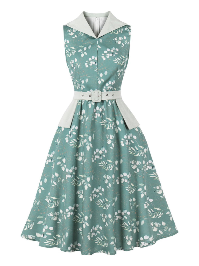 Gray Green 1950s Floral V Neck Belted Dress 3