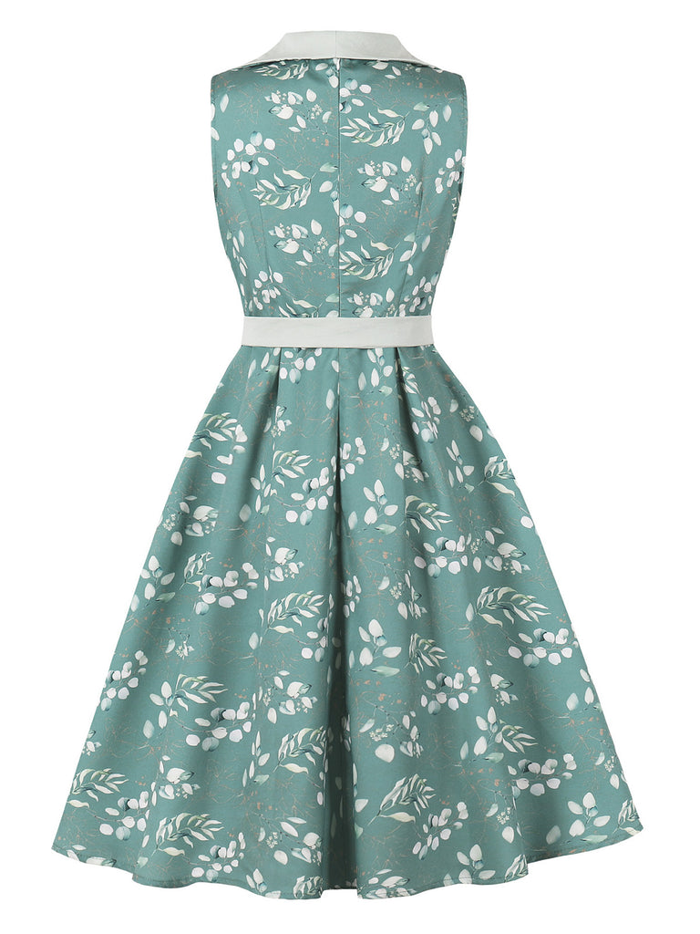 Gray Green 1950s Floral V Neck Belted Dress 4