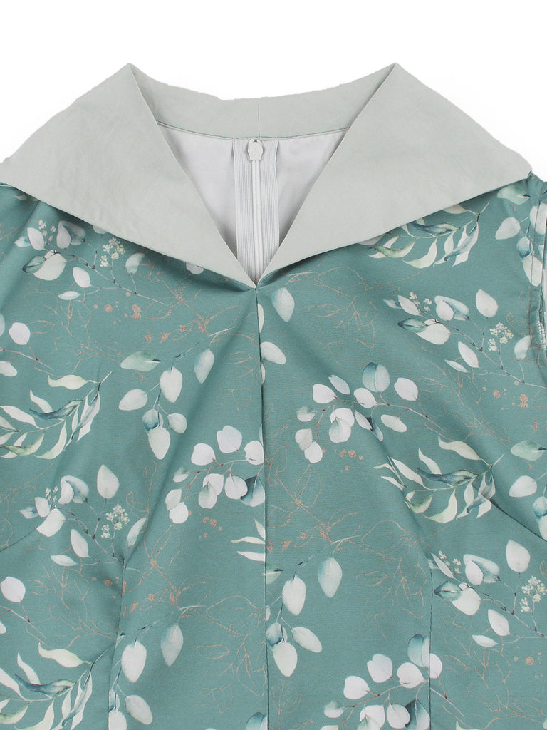 Gray Green 1950s Floral V Neck Belted Dress 5