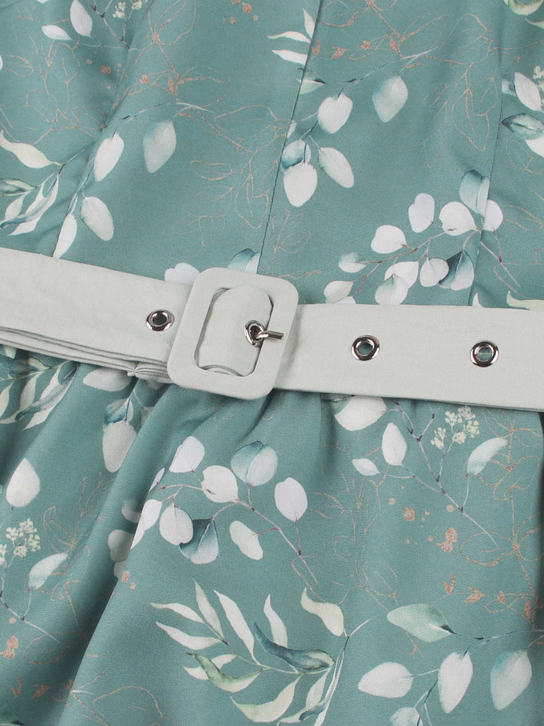 Gray Green 1950s Floral V Neck Belted Dress 6