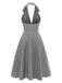 Gray halter V-neck dress back view revealing stylish halter tie design for summer occasions