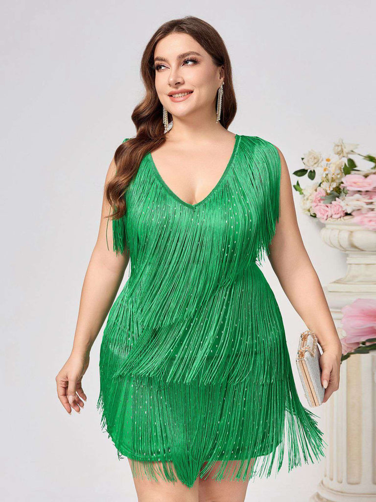 babeyond 1920s flapper dress green plus size [Plus Size] Green 1920s V-Neck Tassels Flapper Dress
