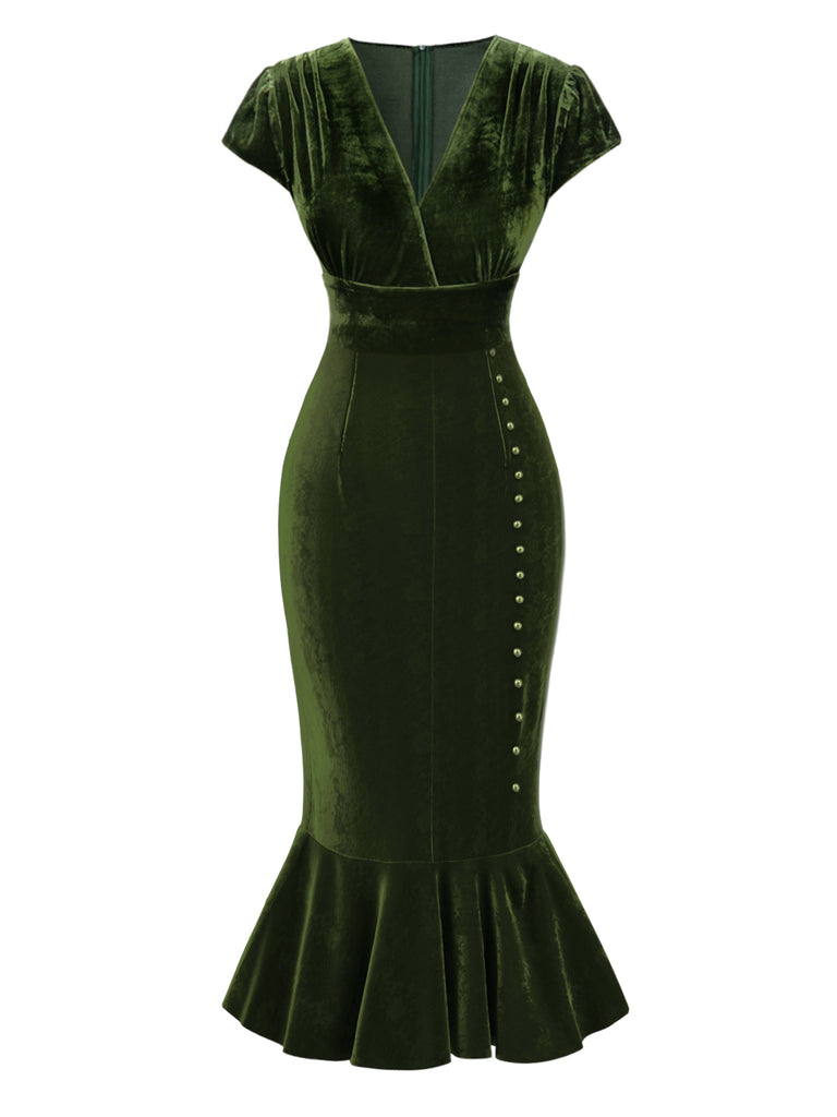 1930s Button VNeck Velvet Fishtail | 1930s | vintage dress, retro fashion