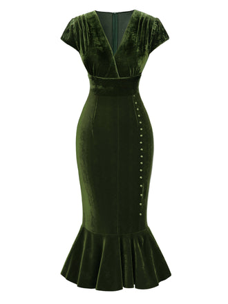 1930s Button VNeck Velvet Fishtail | 1930s | vintage dress, retro fashion