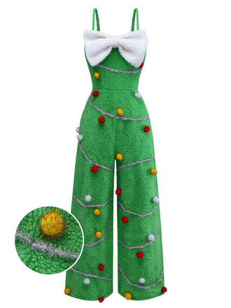 Green 1930s Christmas Tree Pom-Pom Bow Jumpsuit - vintage jumpsuit, retro fashion