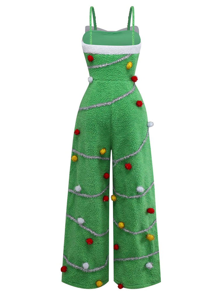 Green 1930s Christmas Tree Pom-Pom Bow Jumpsuit - vintage jumpsuit, retro fashion