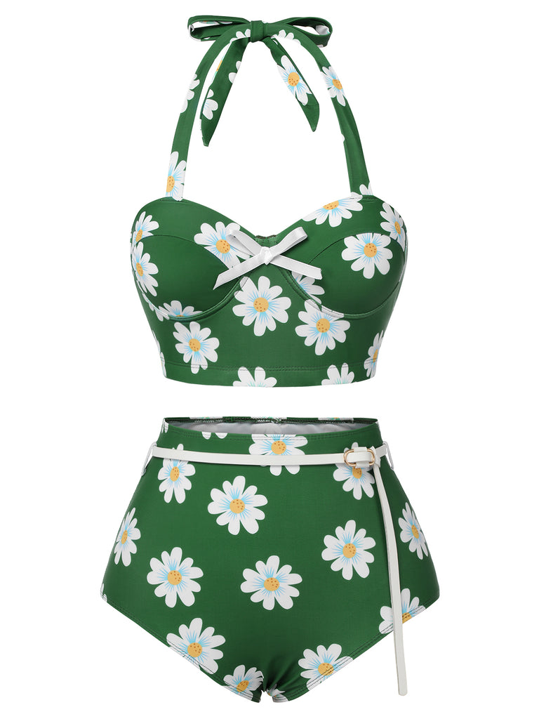 Green 1930s Daisy Halter Swimsuit, vintage swimsuit, pin-up swimwear - perfect for women who love vintage and retro fashion