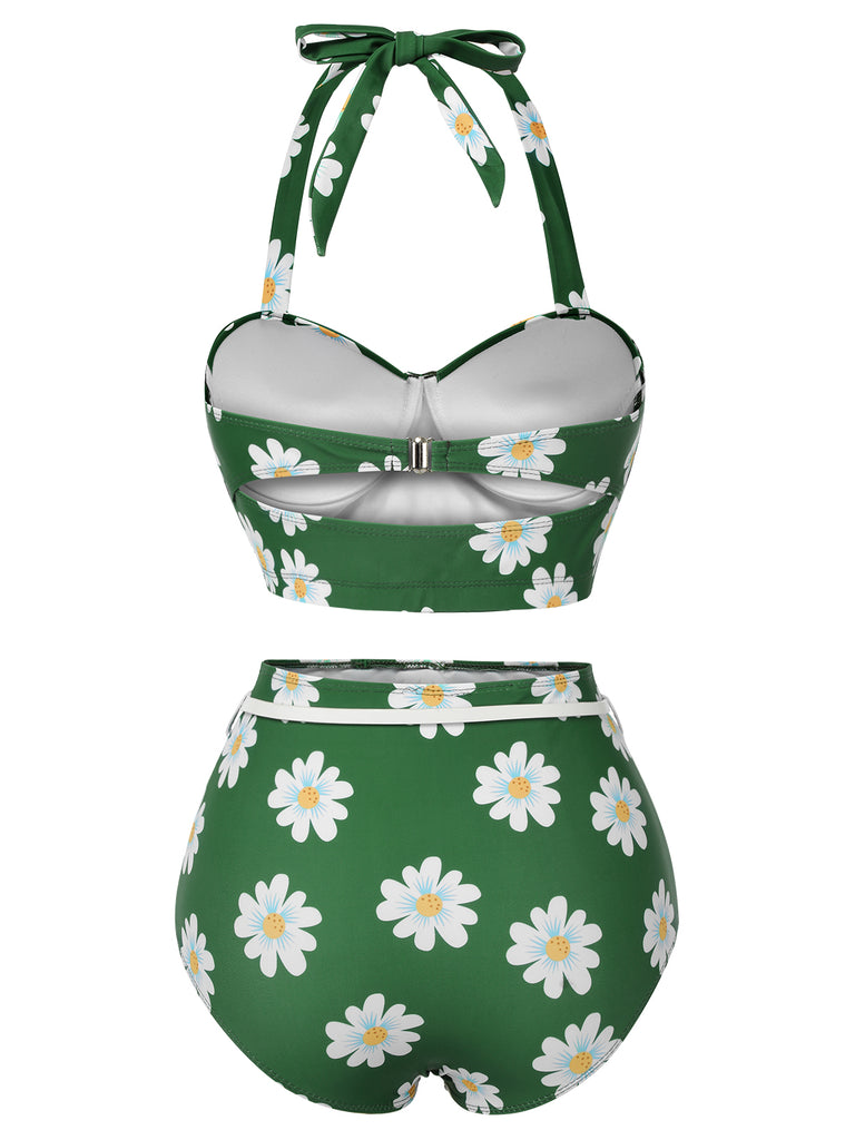 Green 1930s Daisy Halter Swimsuit, vintage swimsuit, pin-up swimwear - perfect for women who love vintage and retro fashion