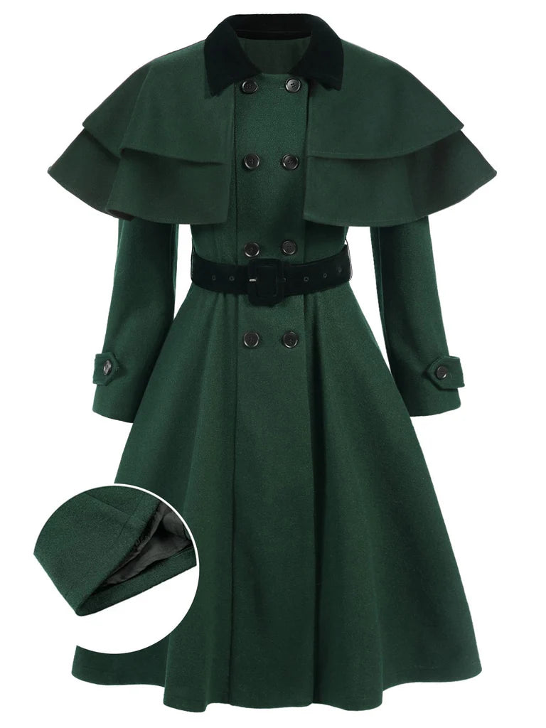 Green 1930s Double-Breasted Belted Coat With Cape | Retro Stage