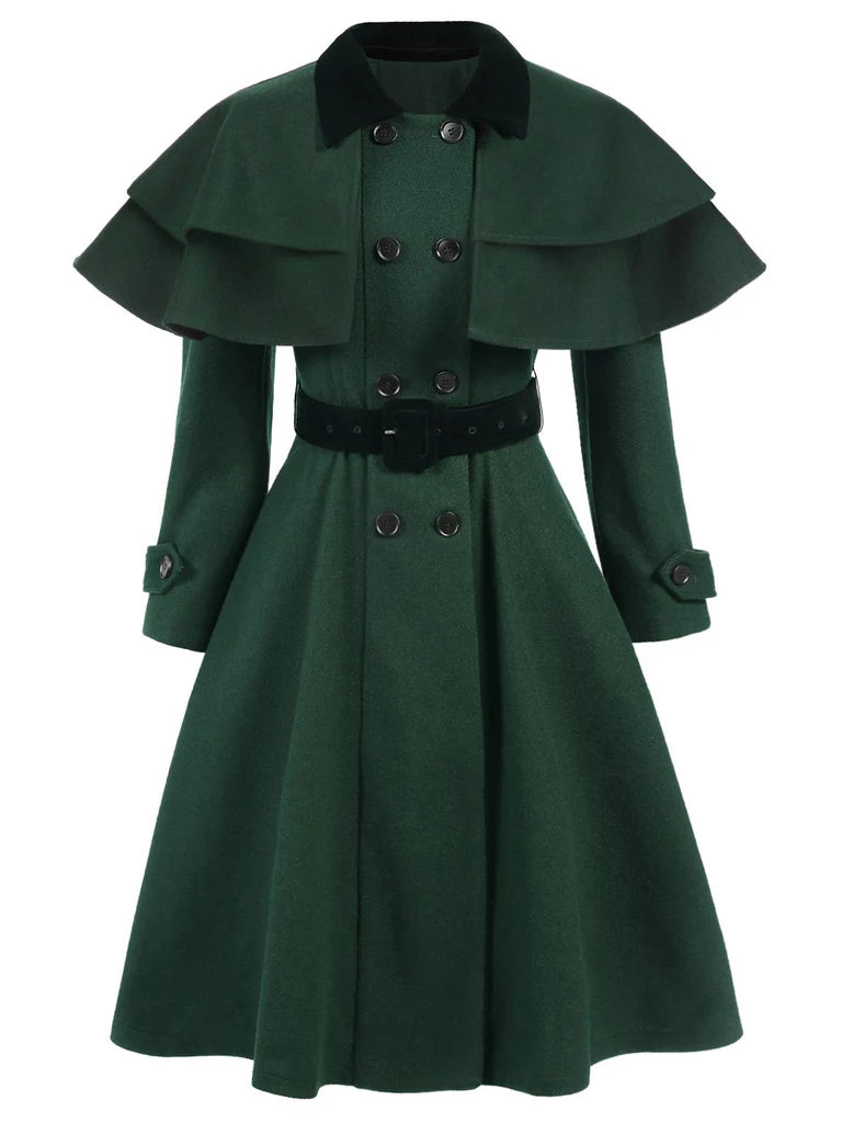Green 1930s Double-Breasted Belted Coat With Cape - vintage fashion, retro style