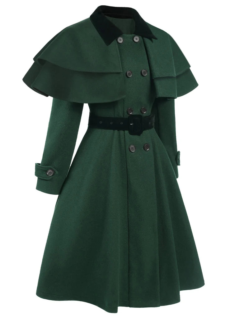 Green 1930s Double-Breasted Belted Coat With Cape - vintage fashion, retro style