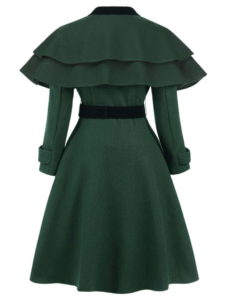 Green 1930s Double-Breasted Belted Coat With Cape - vintage fashion, retro style
