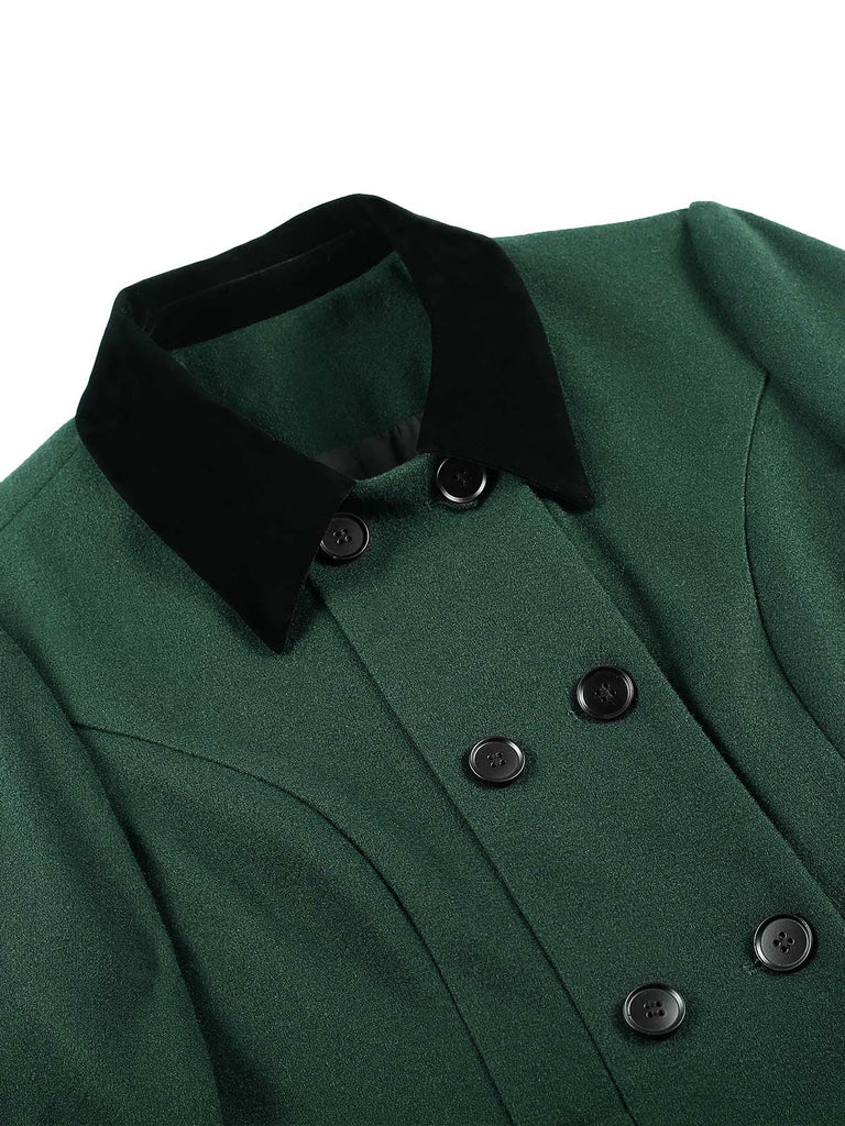 Green 1930s Double-Breasted Belted Coat With Cape - vintage fashion, retro style