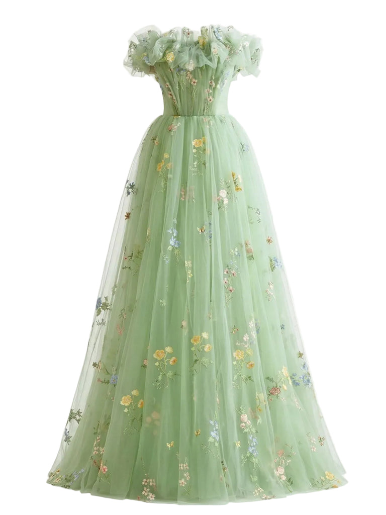 Green 1930s Floral Embroidered Mesh Strapless Dress: beautiful vintage dress, retro fashion, elegant style with timeless appeal