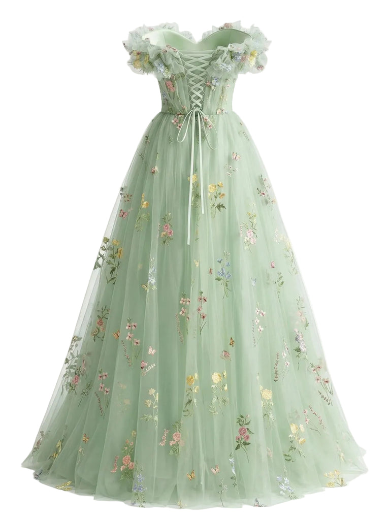 Green 1930s Floral Embroidered Mesh Strapless Dress | vintage dress, retro fashion, elegant style - perfect for retro fashion enthusiasts