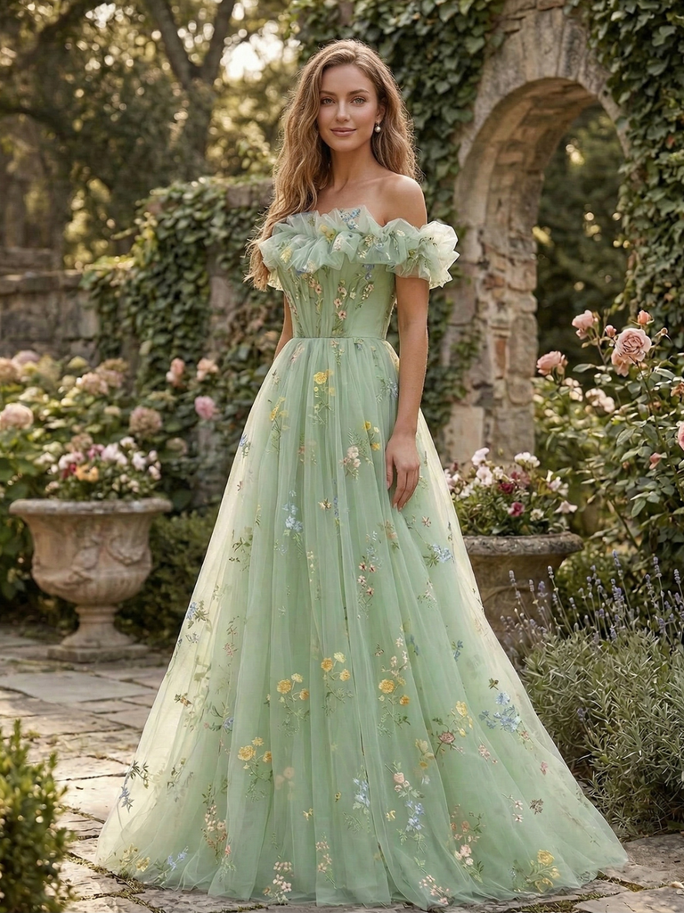 Green 1930s Floral Embroidered Mesh Strapless Dress - vintage dress, retro fashion for women