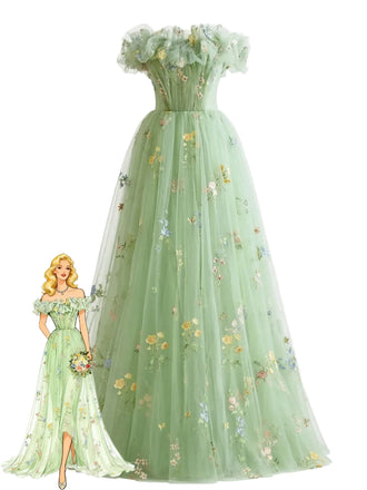 Green floral evening gown with a model wearing it on a white background