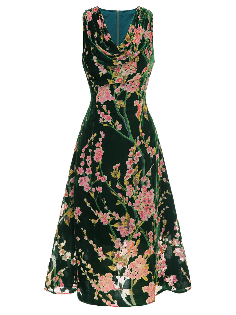 Green 1930s Floral Velvet Sleeveless Dress, vintage dress, retro fashion, floral print - perfect for women who love vintage and retro fashion