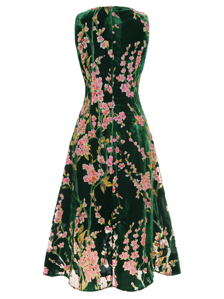Green 1930s Floral Velvet Sleeveless Dress Green 1930s Floral Velvet Sleeveless Dress