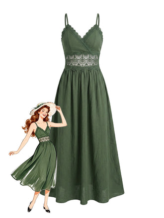 Army Green 1950s Lace V-Neck Backless Spaghetti Strap Dress, vintage dress, retro fashion, rockabilly, pin-up fashion - perfect for women who love vintage and retro fashion