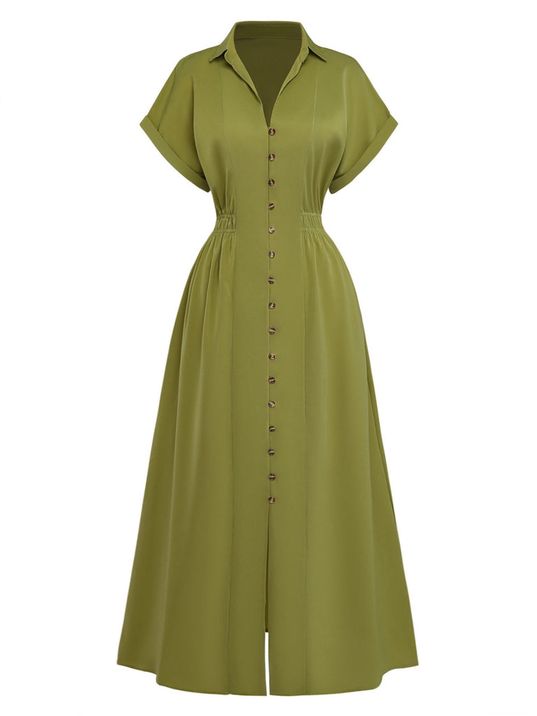 Green 1930s Lapel Single-Breasted Slit Shirt Dress