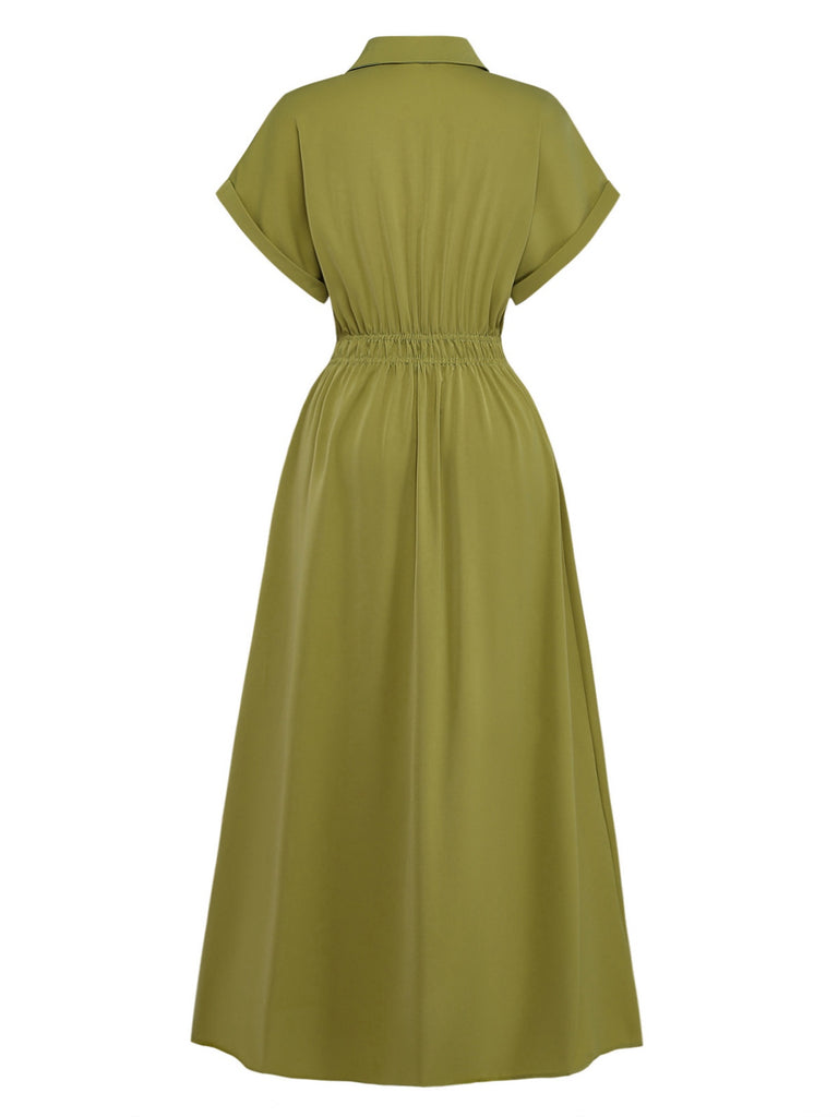 Green 1930s Lapel Single-Breasted Slit Shirt Dress Green 1930s Lapel Single-Breasted Slit Shirt Dress