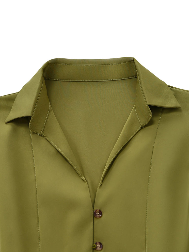 Green 1930s Lapel Single-Breasted Slit Shirt Dress
