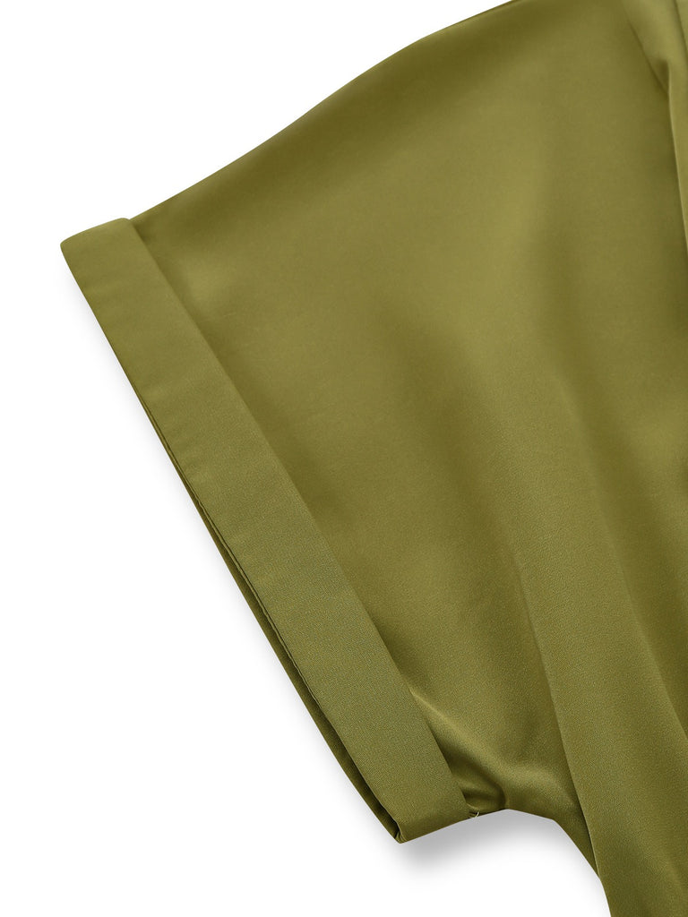 Green 1930s Lapel Single-Breasted Slit Shirt Dress