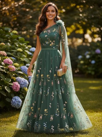 Green 1930s One-Shoulder Floral Embroidered Tulle Maxi Dress, vintage dress, retro fashion, floral print - perfect for women who love vintage and retro fashion