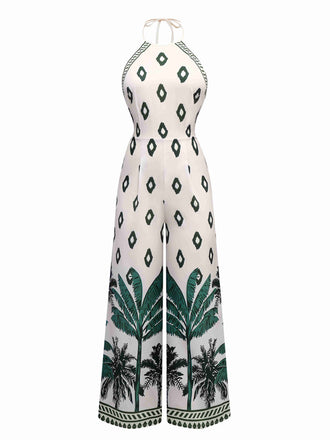 Green 1930s Palm Trees Halter Jumpsuit - vintage jumpsuit, retro fashion