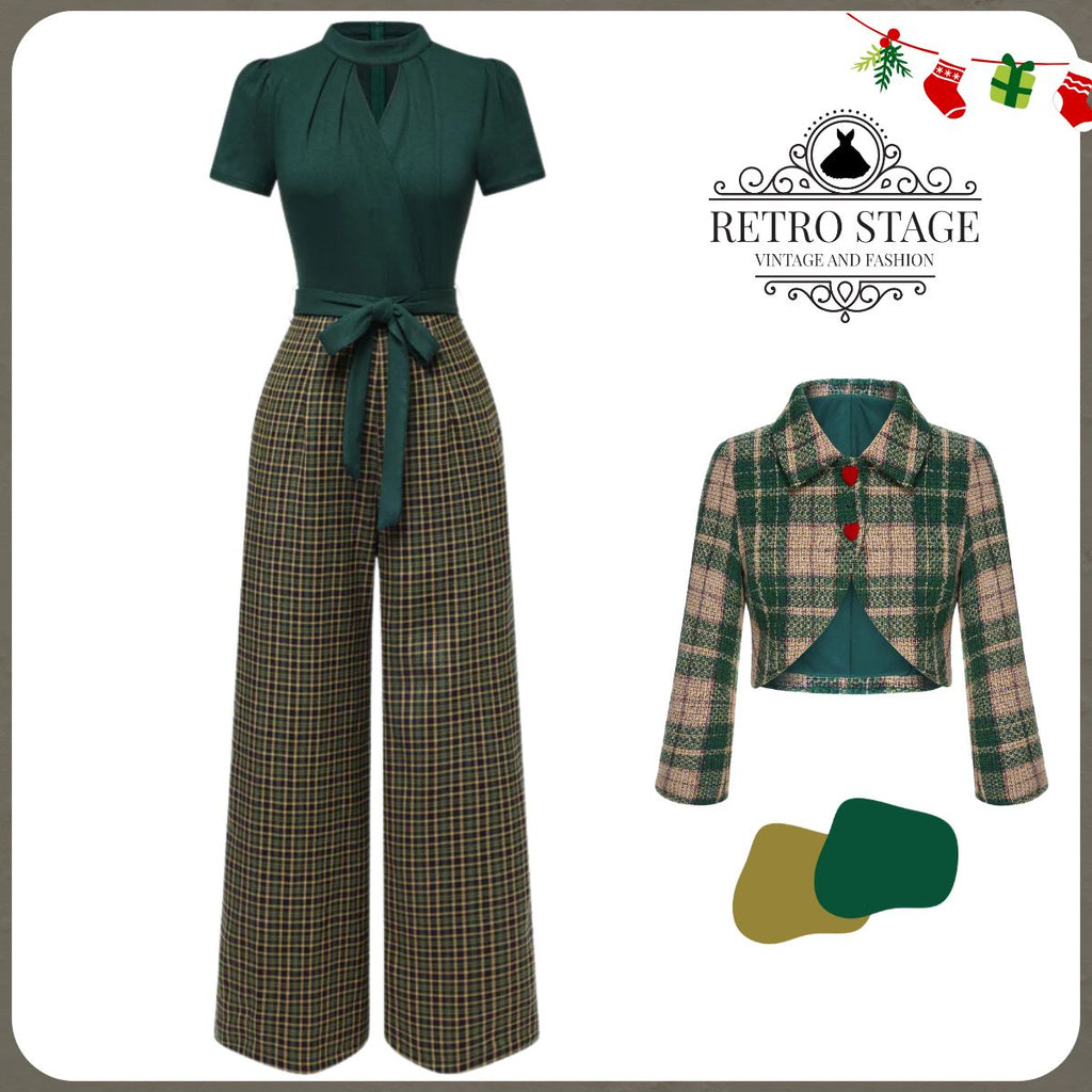She adds this Green 1930s Plaid Keyhole Neck Belted Jumpsuit and suddenly it's 1930s perfection