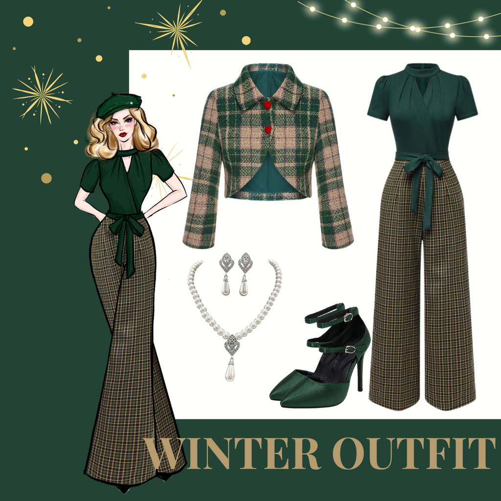 She adds this Green 1930s Plaid Keyhole Neck Belted Jumpsuit and suddenly it's 1930s perfection