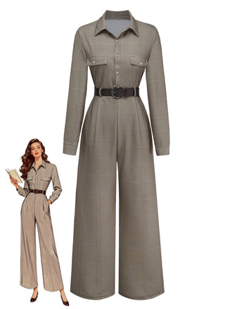 Green 1930s Plaid Lapel Belted Jumpsuit - vintage jumpsuit, retro fashion