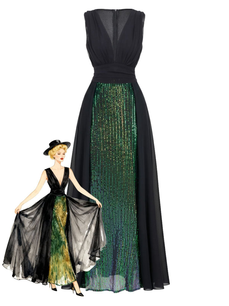 Black Chiffon Overlay Sequin Deep V-Neck Cocktail Dress | Retro Stage Iridescent Green Sparkle Maxi Dress Black Chiffon Overlay Sequin Deep V-Neck Cocktail Dress | Retro Stage Iridescent Green Sparkle Maxi Dress
