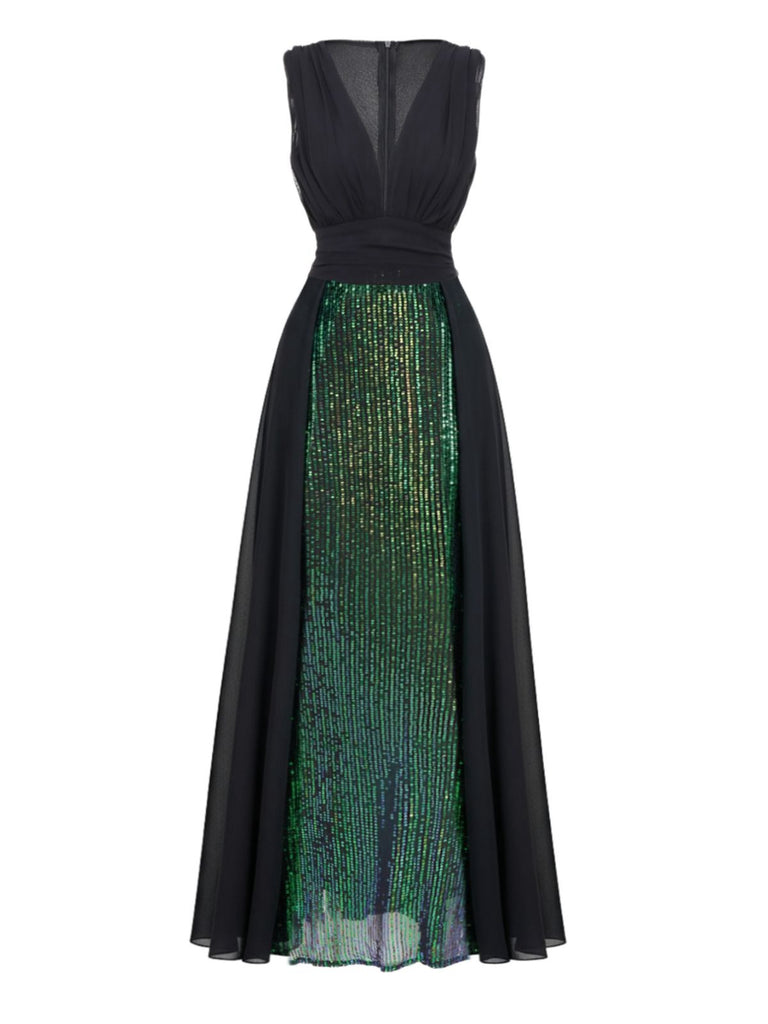 Black Chiffon Overlay Sequin Deep V-Neck Cocktail Dress | Retro Stage Iridescent Green Sparkle Maxi Dress Black Chiffon Overlay Sequin Deep V-Neck Cocktail Dress | Retro Stage Iridescent Green Sparkle Maxi Dress