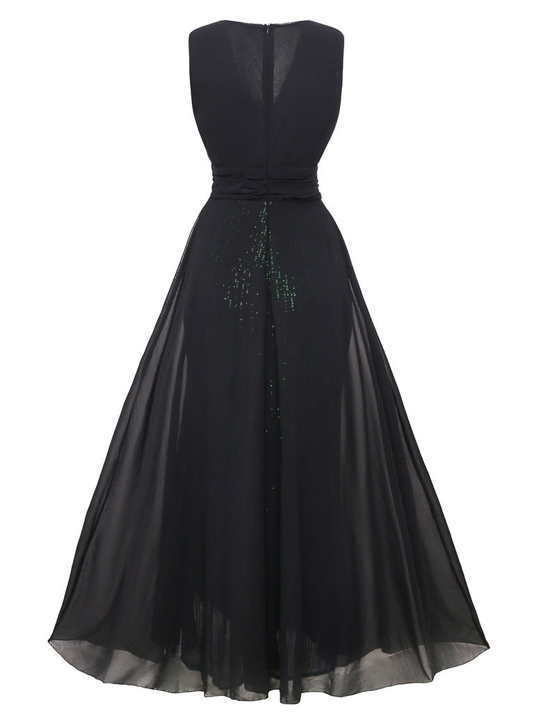 Black Chiffon Overlay Sequin Deep V-Neck Cocktail Dress | Retro Stage Iridescent Green Sparkle Maxi Dress Black Chiffon Overlay Sequin Deep V-Neck Cocktail Dress | Retro Stage Iridescent Green Sparkle Maxi Dress