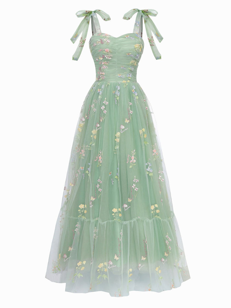 Green 1930s Shoulder Tie Embroidered Floral Mesh Dress | Retro Stage Green 1930s Shoulder Tie Embroidered Floral Mesh Dress | Retro Stage