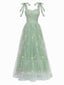 Green 1930s Shoulder Tie Embroidered Floral Mesh Dress
