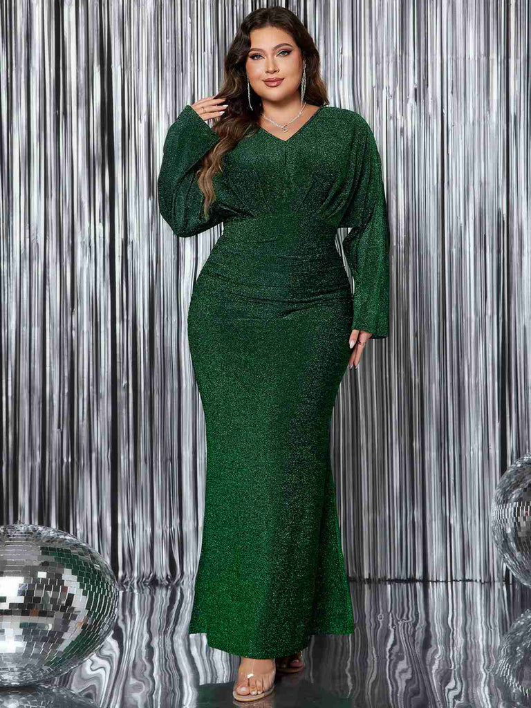 Mermaid Long Green Plus Size Dress Plus Size Green Solid Glitter V-Neck Mermaid Dress For Mermaid Long Green Plus Size Dress Plus Size Green Solid Glitter V-Neck Mermaid Dress For