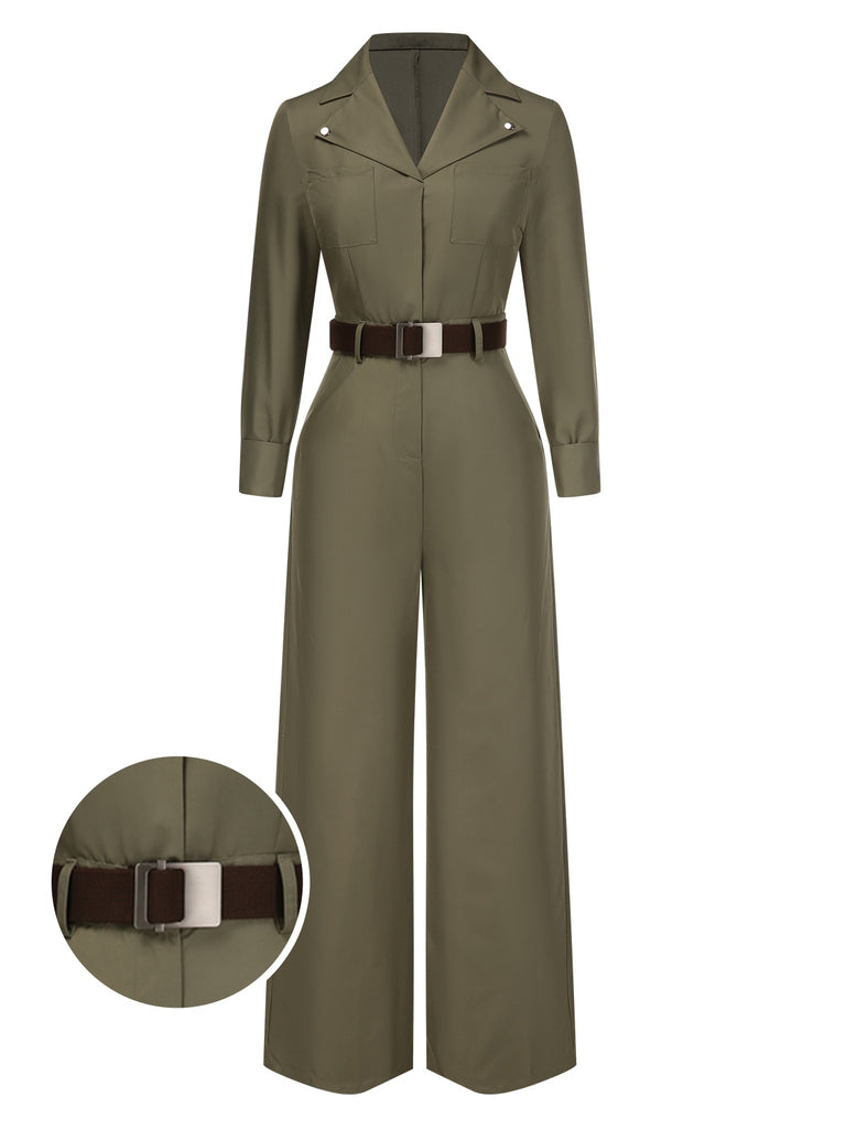 Green 1930s Solid Lapel Belted Jumpsuit, vintage romper, retro jumpsuit - perfect for women who love vintage and retro fashion