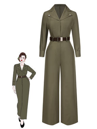 Green 1930s Solid Lapel Belted Jumpsuit, vintage romper, retro jumpsuit - perfect for women who love vintage and retro fashion