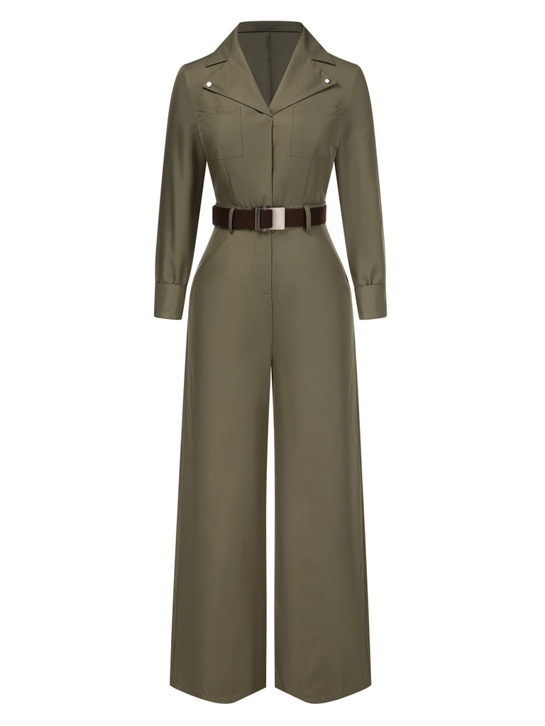 Green 1930s Solid Lapel Belted Jumpsuit, vintage romper, retro jumpsuit - perfect for women who love vintage and retro fashion