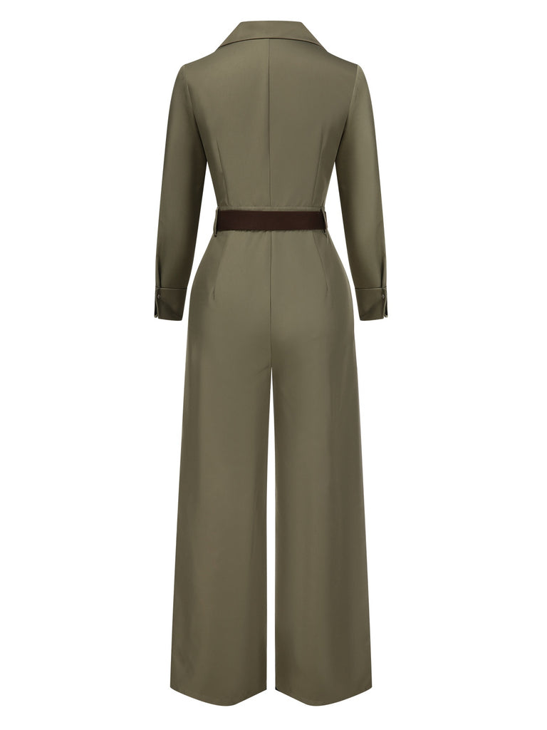 Green 1930s Solid Lapel Belted Jumpsuit, vintage romper, retro jumpsuit - perfect for women who love vintage and retro fashion