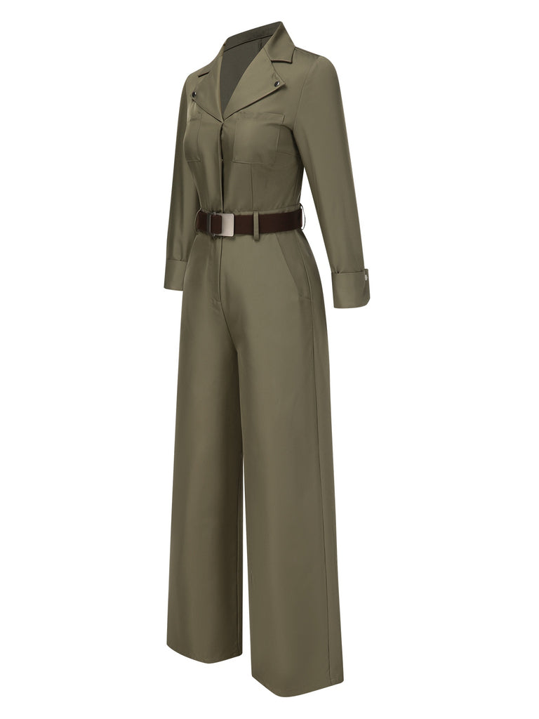 Green 1930s Solid Lapel Belted Jumpsuit, vintage romper, retro jumpsuit - perfect for women who love vintage and retro fashion