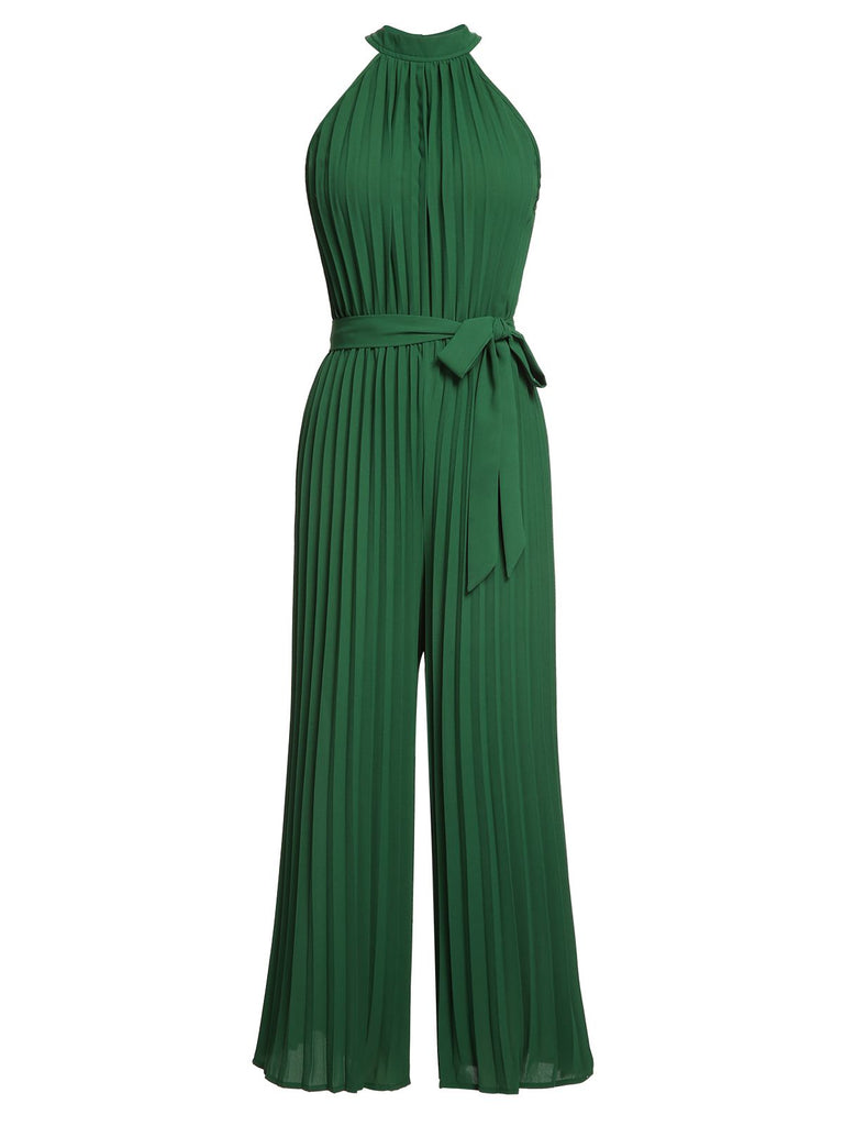Green 1930s Solid Pleated Halter Jumpsuit: timeless style reimagined