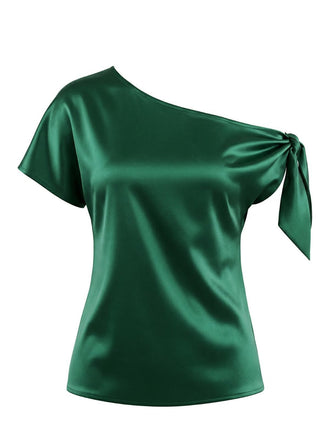Green 1930s Solid Satin One-Shoulder Tie Knot Top - vintage fashion, retro style