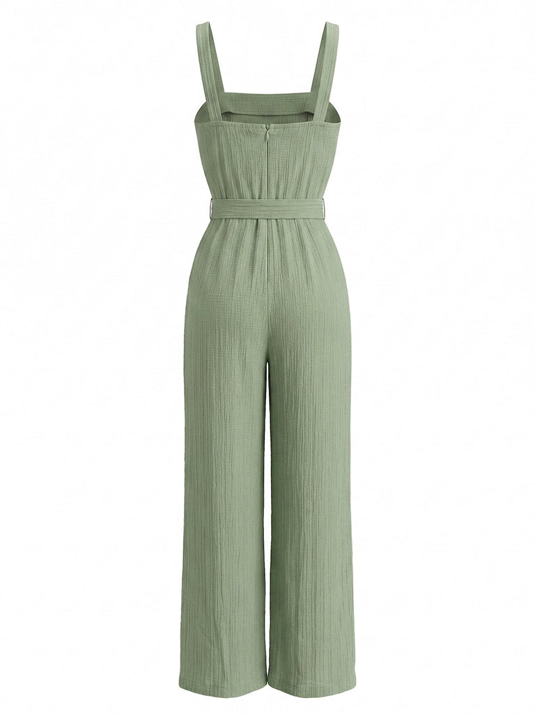 Green 1930s Square Neck Belt Wide Leg Cami Jumpsuit, vintage romper, retro jumpsuit - perfect for women who love vintage and retro fashion