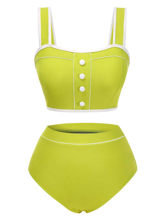 She's wearing Green 1930s Strap High Waist Button Swimsuit and the whole beach remembers the 1930s